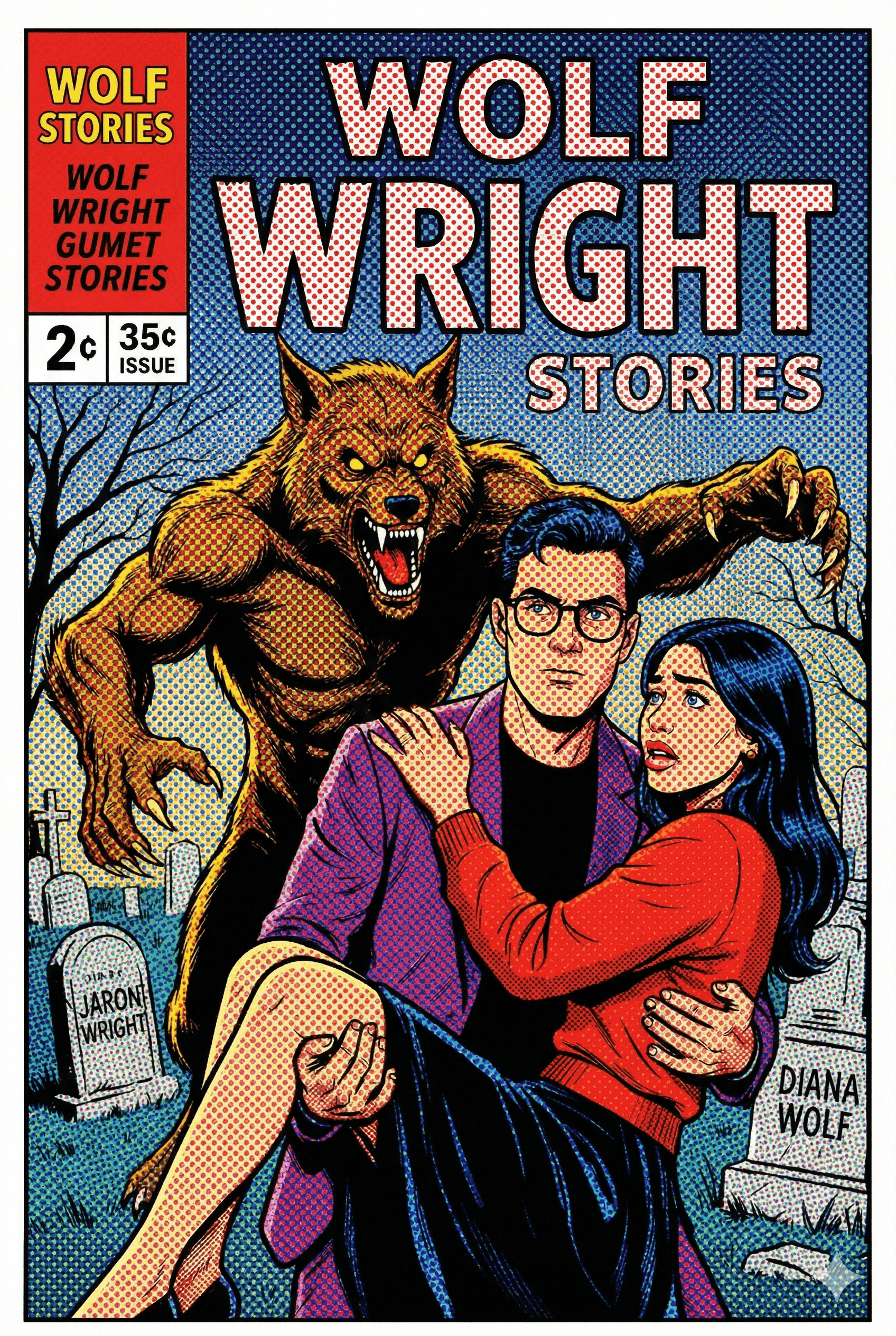 Wolf Wright Stories, a retro comic-book cover: a werewolf looms over a man in a purple jacket carrying a woman in red, standing in a graveyard with tombstones reading Jaron Wright and Diana Wolf.